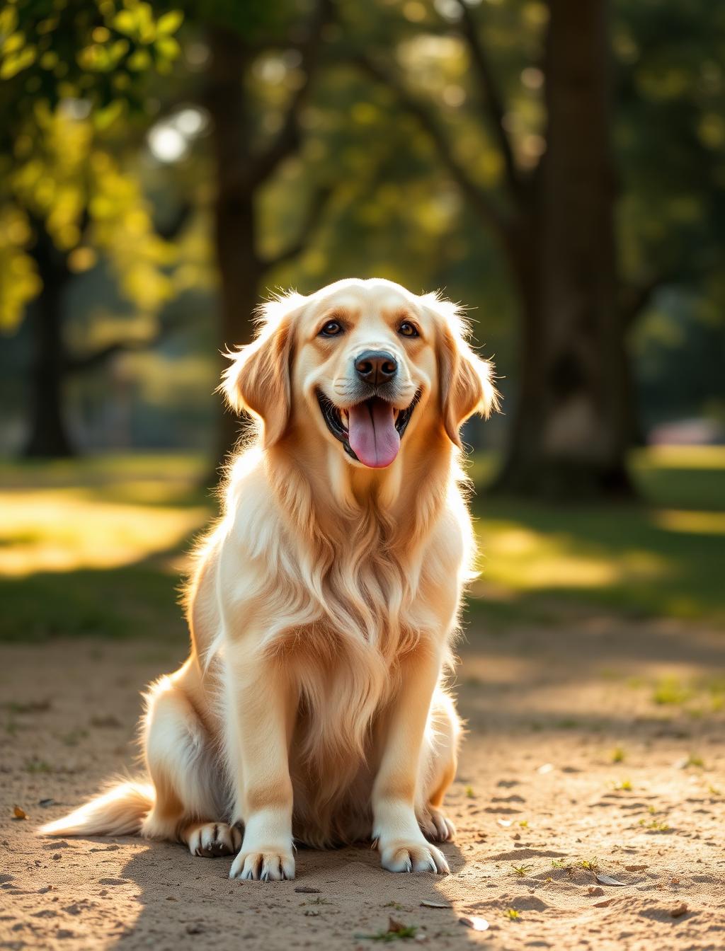 A happy dog sitting in golden afternoon light in a park